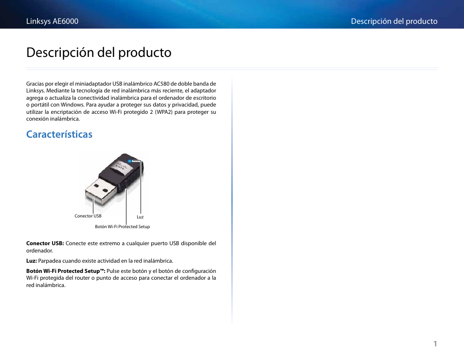 Descripción del producto, Características, Descripción﻿del﻿producto | Linksys AE6000 User Manual | Page 101 / 364