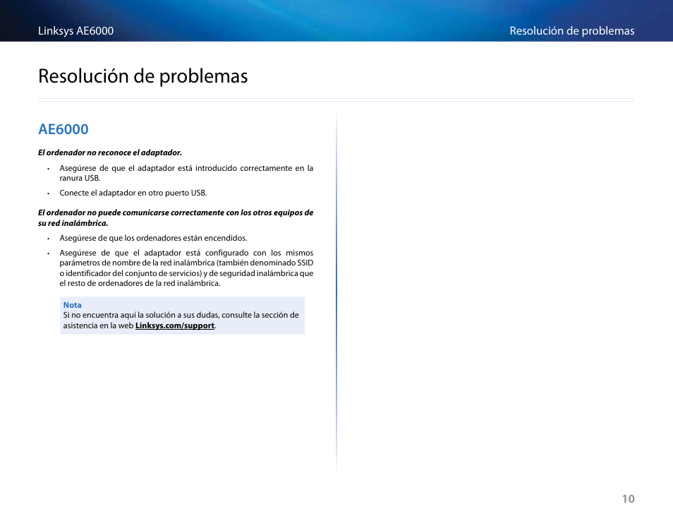 Resolución de problemas, Ae6000, Resolución﻿de﻿problemas | Linksys AE6000 User Manual | Page 110 / 364