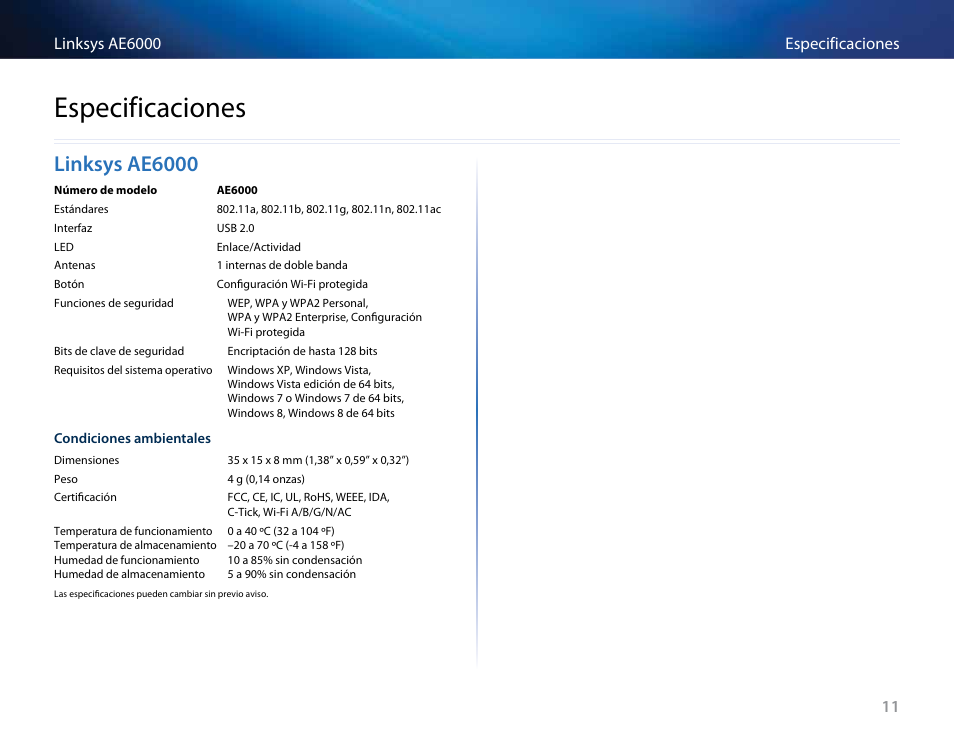 Especificaciones, Linksys ae6000, Linksys﻿ae6000 | Linksys AE6000 User Manual | Page 111 / 364