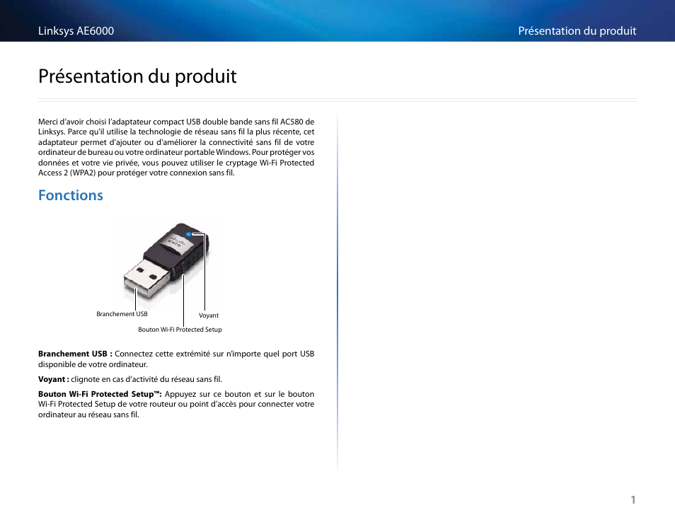 Présentation du produit, Fonctions, Présentation﻿du﻿produit | Linksys AE6000 User Manual | Page 129 / 364