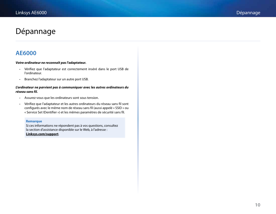 Dépannage, Ae6000 | Linksys AE6000 User Manual | Page 138 / 364
