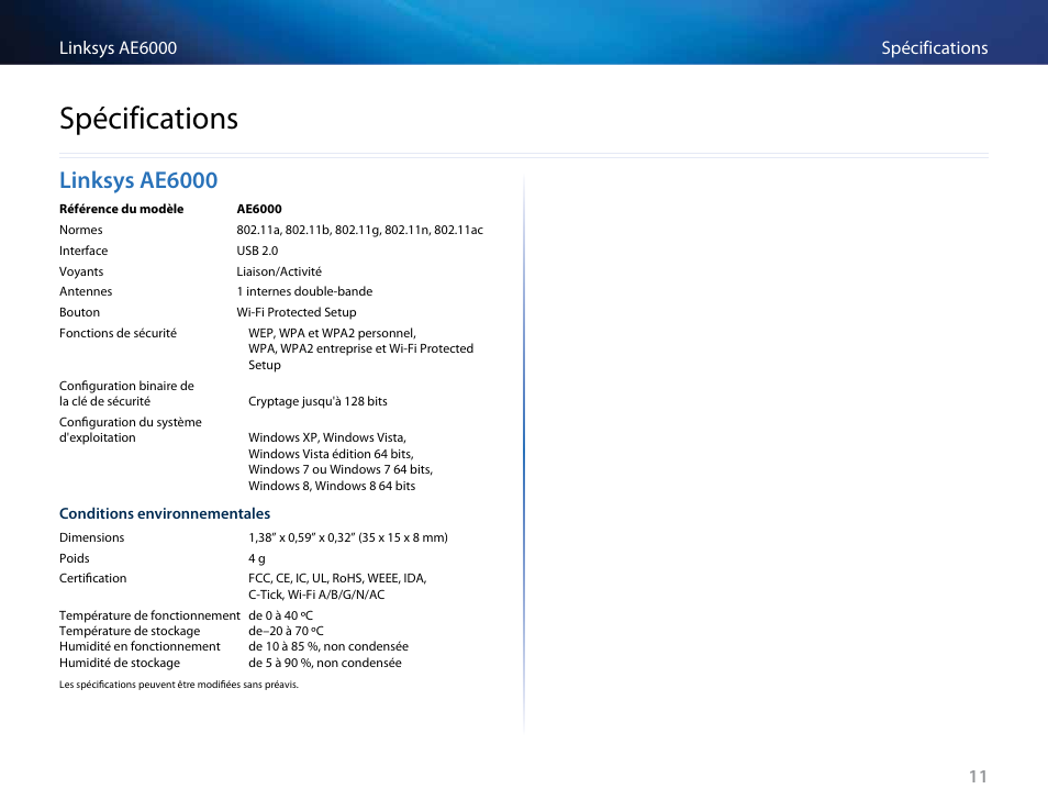 Spécifications, Linksys ae6000, Linksys﻿ae6000 | Linksys AE6000 User Manual | Page 139 / 364