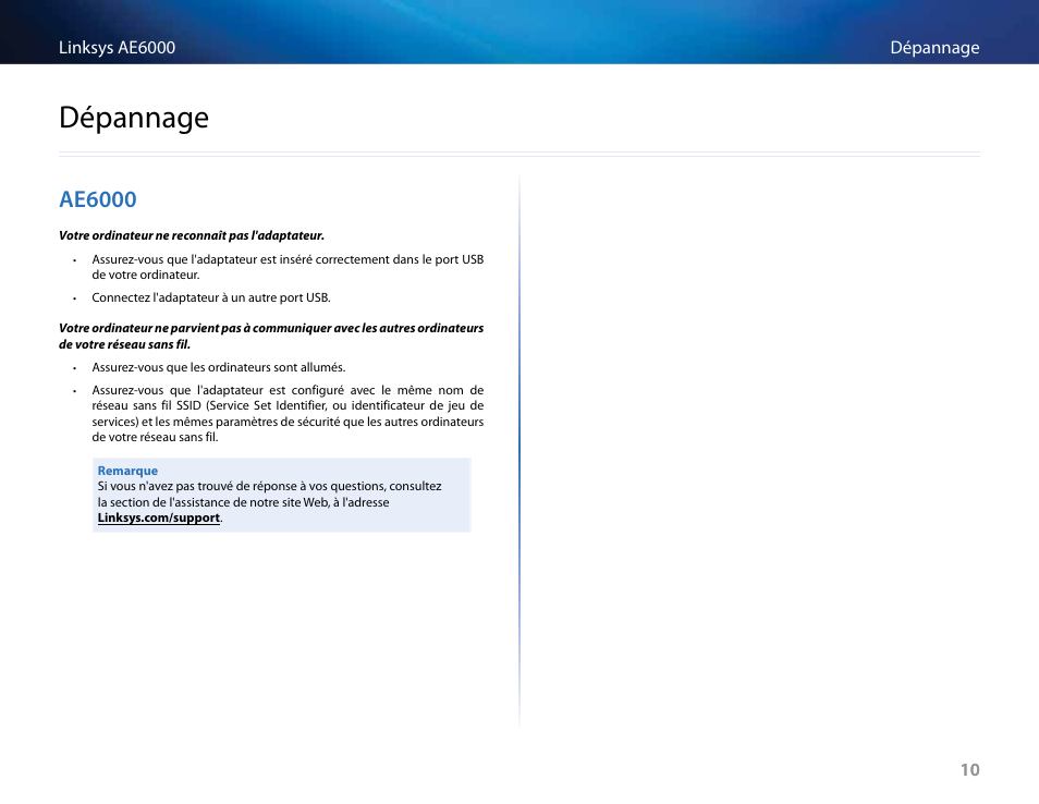 Dépannage, Ae6000 | Linksys AE6000 User Manual | Page 152 / 364