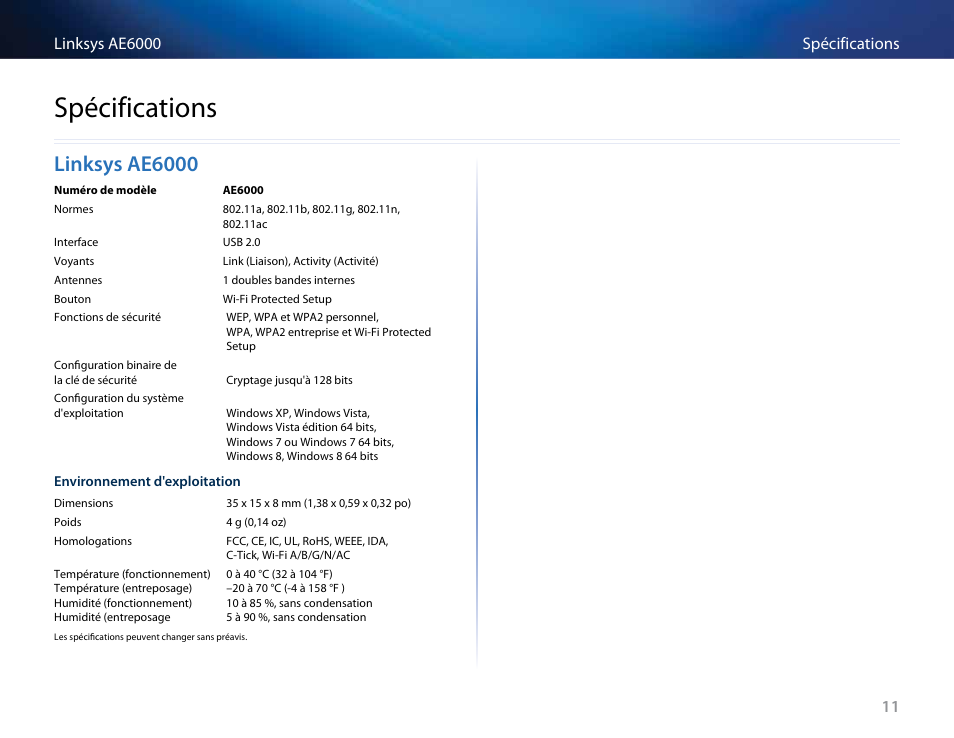 Spécifications, Linksys ae6000 | Linksys AE6000 User Manual | Page 153 / 364
