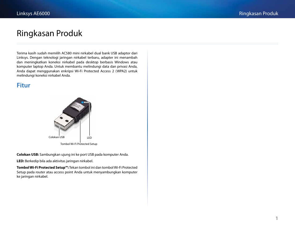 Ringkasan produk, Fitur, Ringkasan﻿produk | Linksys AE6000 User Manual | Page 171 / 364