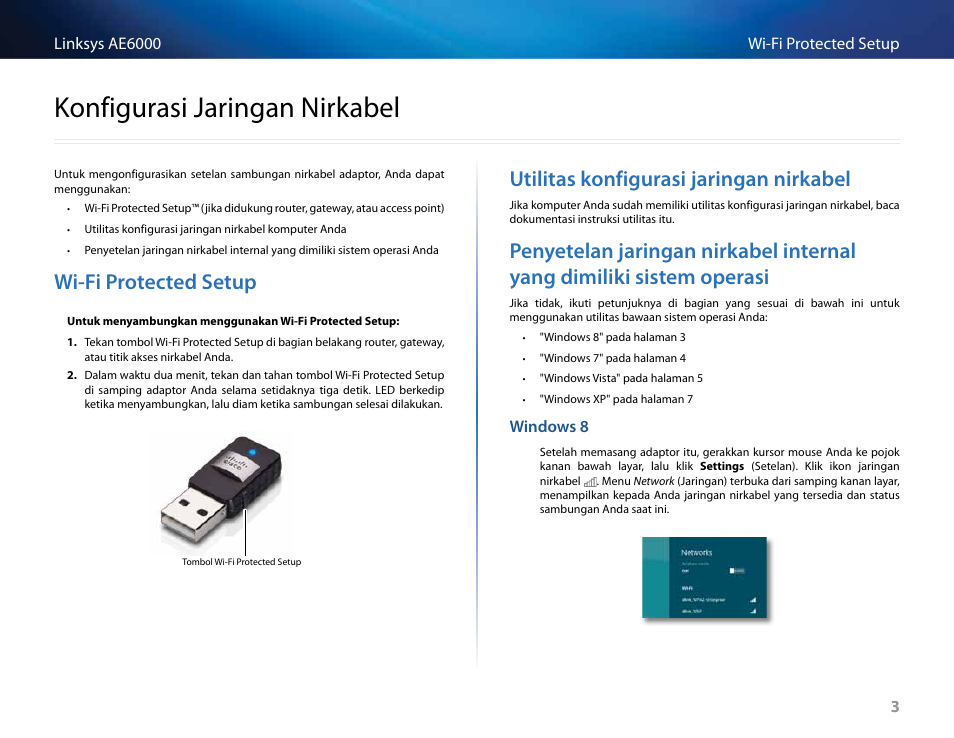 Konfigurasi jaringan nirkabel, Wi-fi protected setup, Utilitas konfigurasi jaringan nirkabel | Wi-fiprotectedsetup, Utilitaskonfigurasijaringannirkabel, Penyetelanjaringannirkabelinternalyang, Dimilikisistemoperasi, Konfigurasijaringannirkabel | Linksys AE6000 User Manual | Page 173 / 364