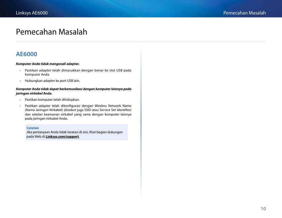 Pemecahan masalah, Ae6000, Pemecahan﻿masalah | Linksys AE6000 User Manual | Page 180 / 364