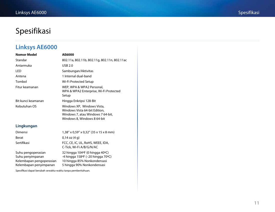 Spesifikasi, Linksys ae6000, Linksys﻿ae6000 | Linksys AE6000 User Manual | Page 181 / 364