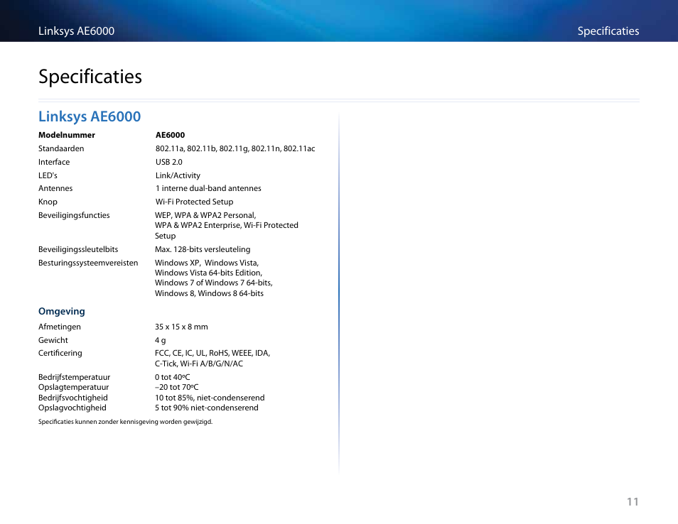 Specificaties, Linksys ae6000, Linksys﻿ae6000 | Linksys AE6000 User Manual | Page 209 / 364