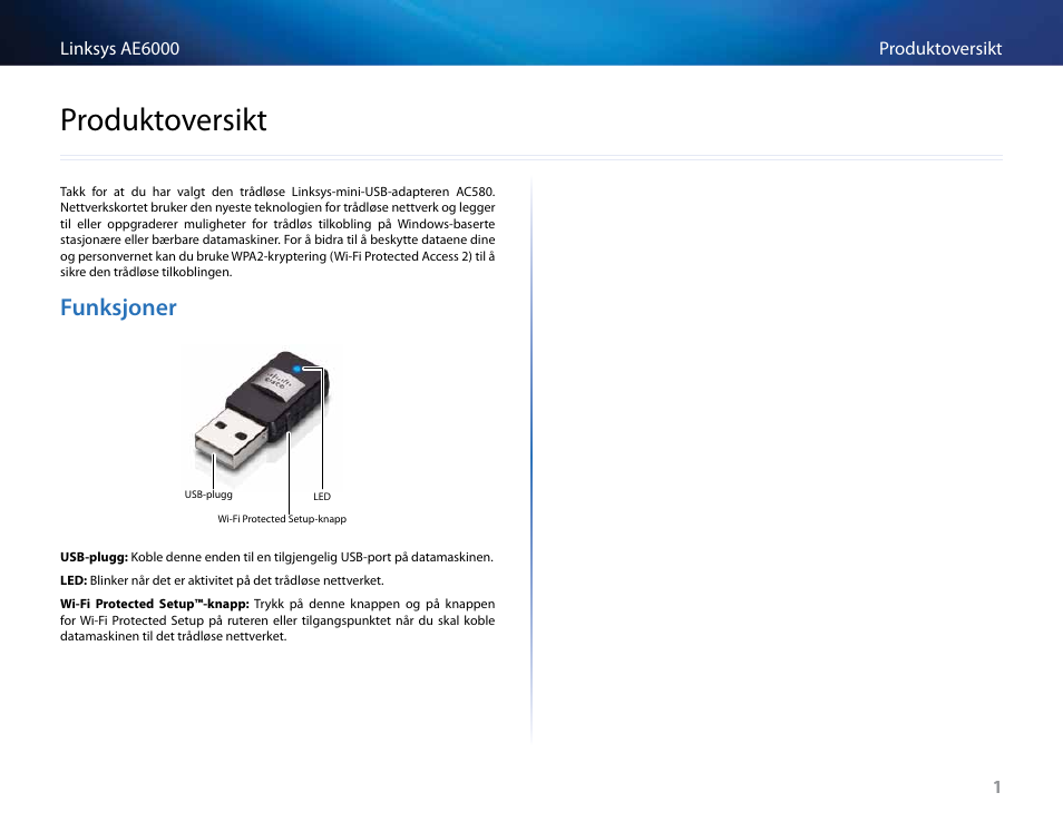 Produktoversikt, Funksjoner | Linksys AE6000 User Manual | Page 213 / 364