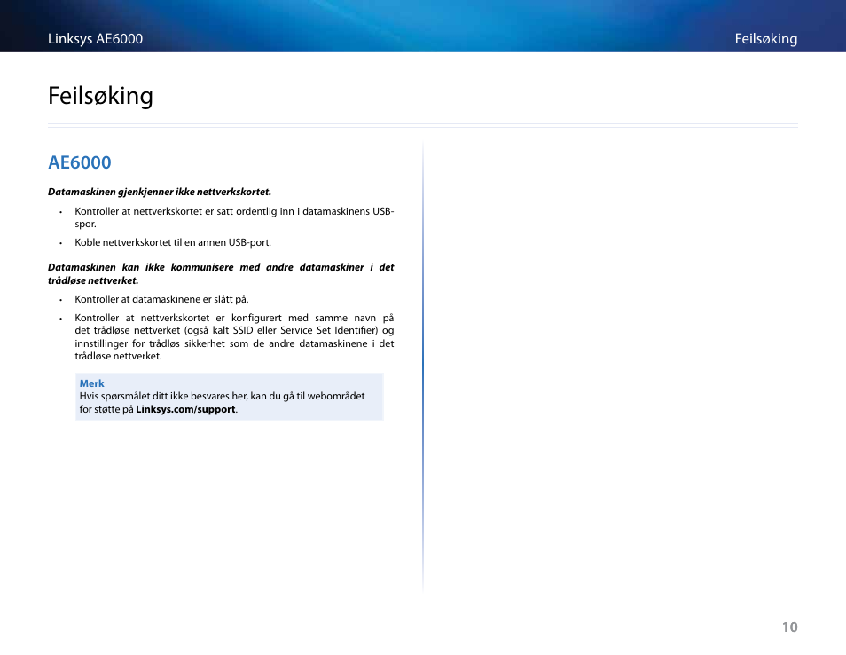 Feilsøking, Ae6000 | Linksys AE6000 User Manual | Page 222 / 364