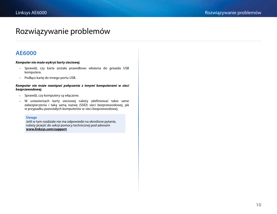 Rozwiązywanie problemów, Ae6000, Rozwiązywanie﻿problemów | Linksys AE6000 User Manual | Page 236 / 364