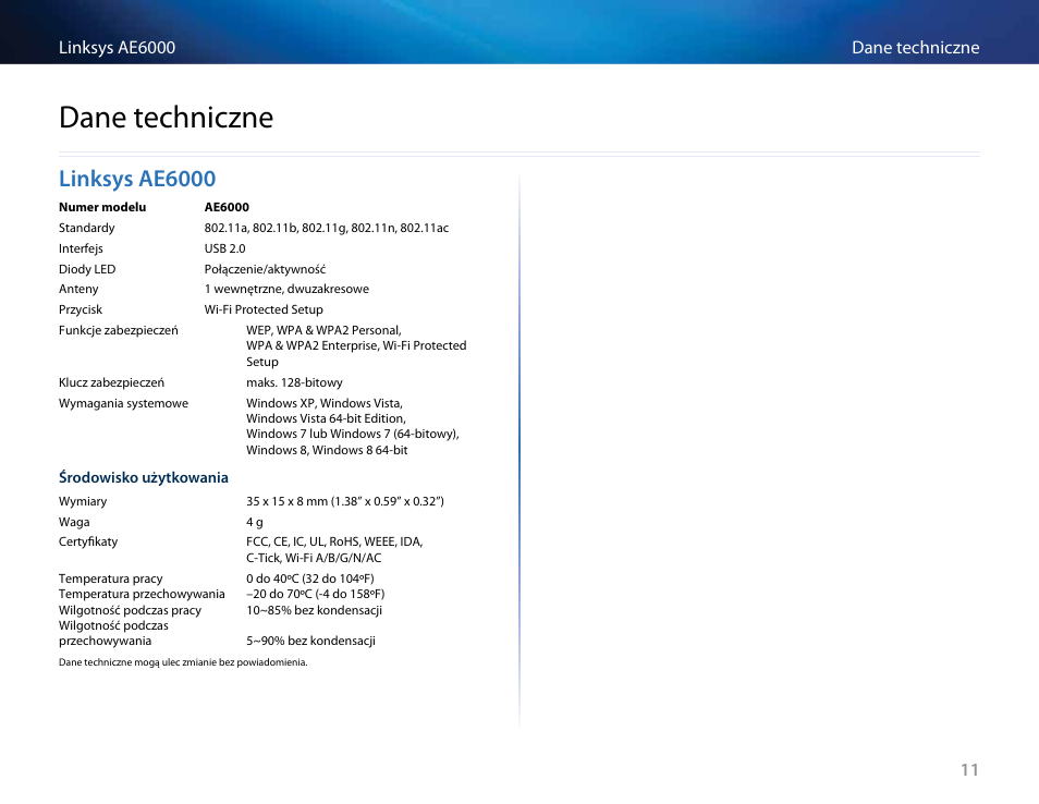 Dane techniczne, Linksys ae6000, Linksys﻿ae6000 | Dane﻿techniczne | Linksys AE6000 User Manual | Page 237 / 364