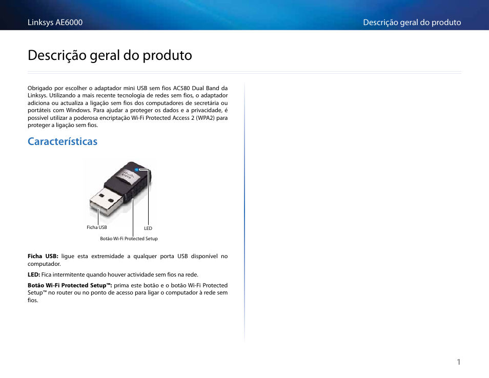 Descrição geral do produto, Características, Descrição﻿geral﻿do﻿produto | Linksys AE6000 User Manual | Page 241 / 364