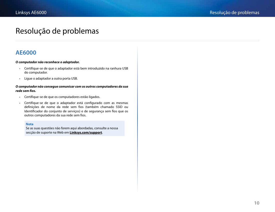 Resolução de problemas, Ae6000, Resolução﻿de﻿problemas | Linksys AE6000 User Manual | Page 250 / 364