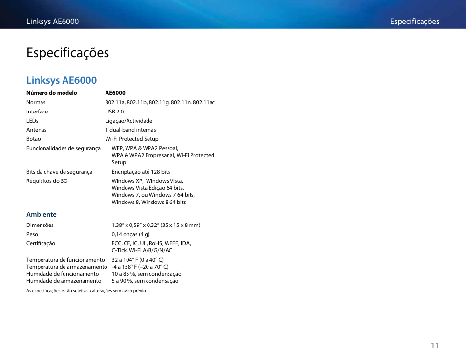 Especificações, Linksys ae6000, Linksys﻿ae6000 | Linksys AE6000 User Manual | Page 251 / 364