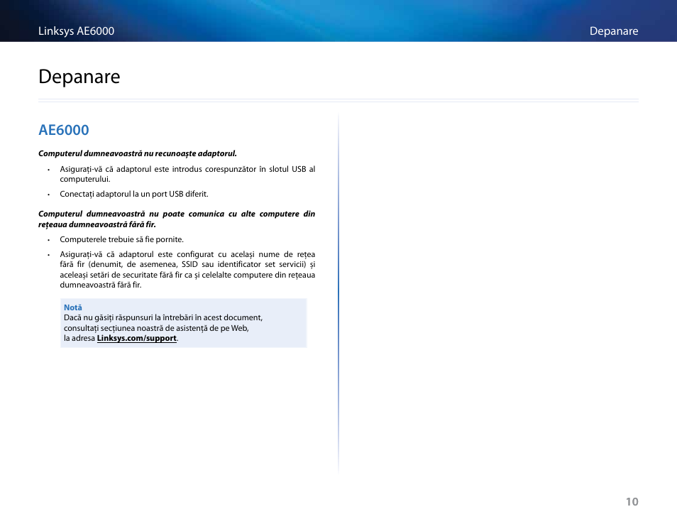 Depanare, Ae6000 | Linksys AE6000 User Manual | Page 264 / 364