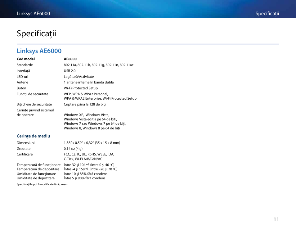 Specificaţii, Linksys ae6000, Linksys﻿ae6000 | Linksys AE6000 User Manual | Page 265 / 364