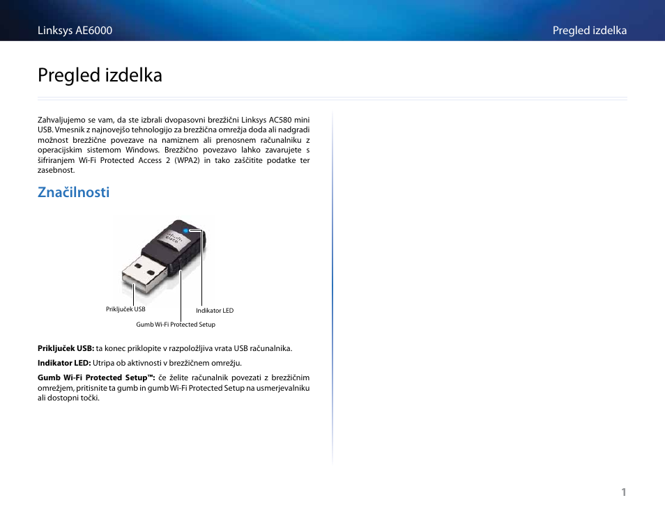 Pregled izdelka, Značilnosti, Pregled﻿izdelka | Linksys AE6000 User Manual | Page 283 / 364