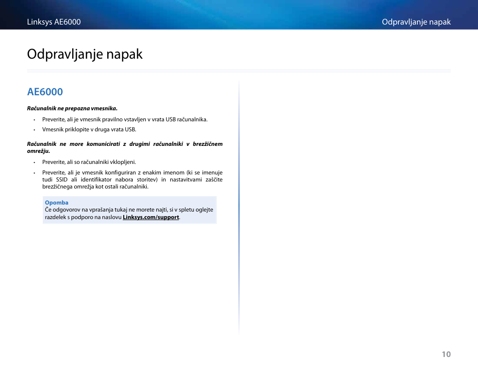 Odpravljanje napak, Ae6000, Odpravljanje﻿napak | Linksys AE6000 User Manual | Page 292 / 364
