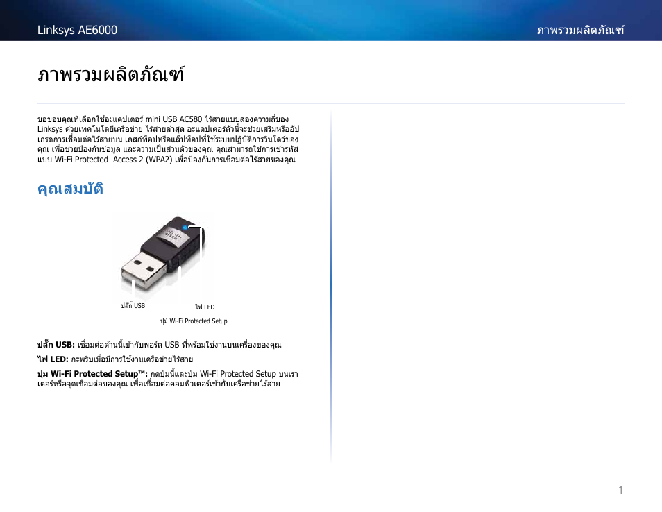 ภาพรวมผลิตภัณฑ, คุณสมบัต, ภาพรวมผลิตภ ัณฑ | คุณสมบ ัต | Linksys AE6000 User Manual | Page 311 / 364