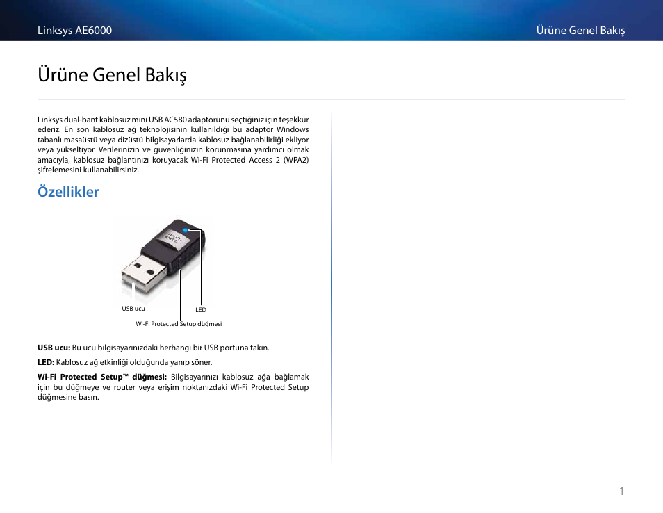 Ürüne genel bakış, Özellikler, Ürüne﻿genel﻿bakış | Linksys AE6000 User Manual | Page 325 / 364