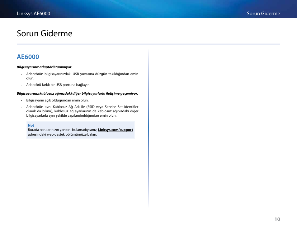Sorun giderme, Ae6000, Sorun﻿giderme | Linksys AE6000 User Manual | Page 334 / 364