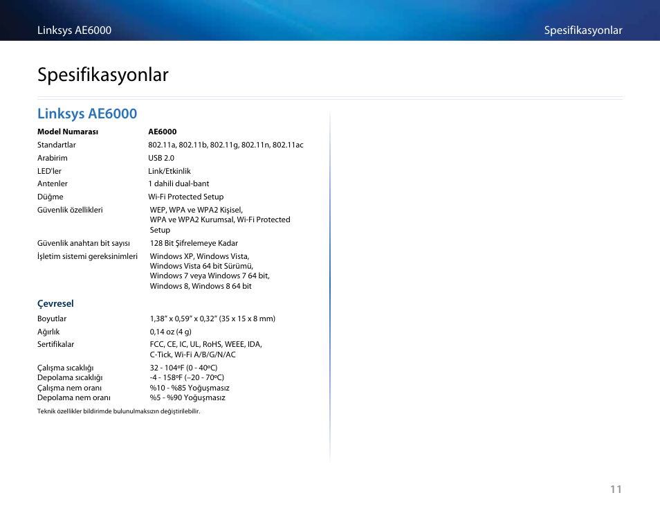 Spesifikasyonlar, Linksys ae6000, Linksys﻿ae6000 | Linksys AE6000 User Manual | Page 335 / 364