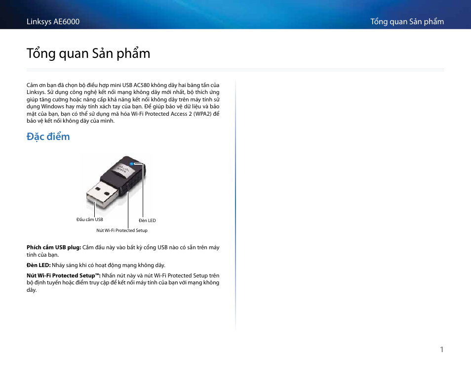 Tổng quan sản phẩm, Đặc điểm, Tổng quan sản phẩm | Linksys AE6000 User Manual | Page 353 / 364