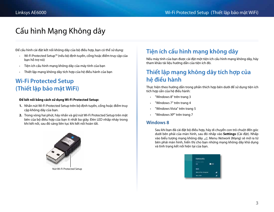 Cấu hình mạng không dây, Wi-fi protected setup (thiết lập bảo mật wifi), Tiện ích cấu hình mạng không dây | Thiết lập mạng không dây tích hợp của hệ điều hành, Wi-fi protected setup, Thiết lập bảo mật wifi), Cấu hình mạng không dвy | Linksys AE6000 User Manual | Page 355 / 364