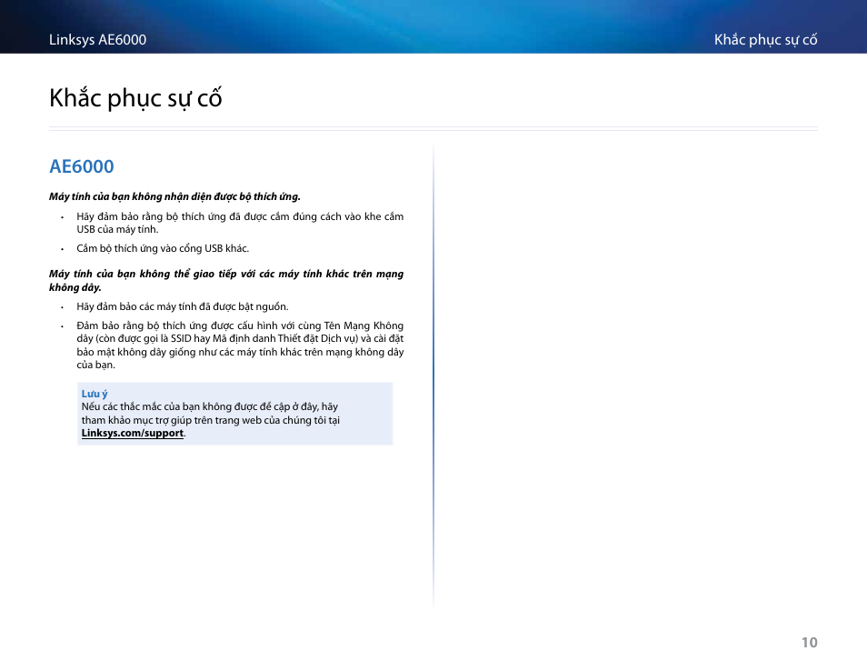 Khắc phục sự cố, Ae6000 | Linksys AE6000 User Manual | Page 362 / 364