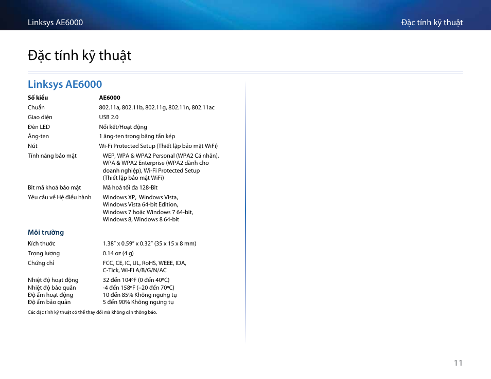 Đặc tính kỹ thuật, Linksys ae6000, Đặc tính kỹ thuật | Linksys AE6000 User Manual | Page 363 / 364