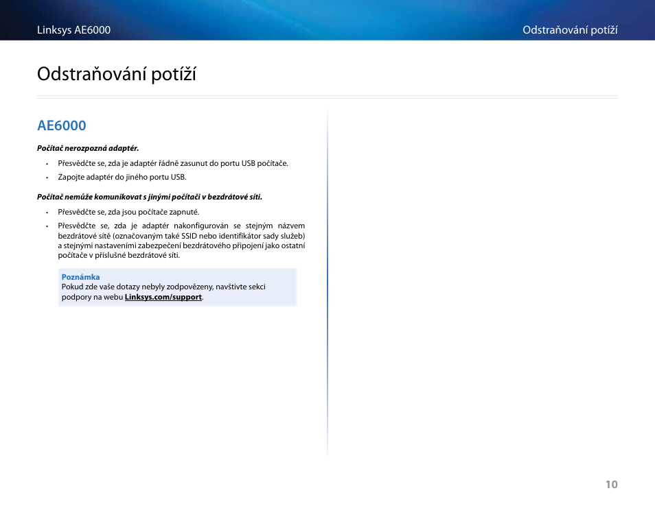 Odstraňování potíží, Ae6000, Odstraňování﻿potíží | Linksys AE6000 User Manual | Page 40 / 364