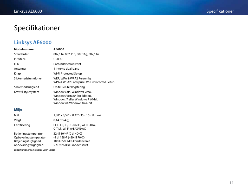 Specifikationer, Linksys ae6000, Linksys﻿ae6000 | Linksys AE6000 User Manual | Page 55 / 364