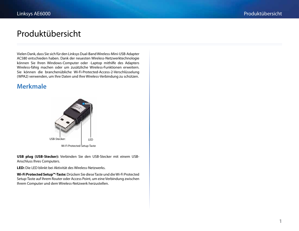 Produktübersicht, Merkmale | Linksys AE6000 User Manual | Page 59 / 364
