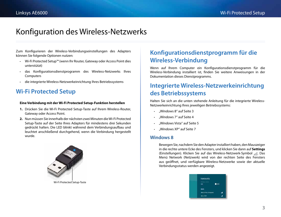 Konfiguration des wireless-netzwerks, Wi-fi protected setup, Wi-fi﻿protected﻿setup | Konfigurationsdienstprogramm﻿für﻿die, Wireless-verbindung, Integrierte﻿wireless-netzwerkeinrichtung﻿des, Betriebssystems, Konfiguration﻿des﻿wireless-netzwerks | Linksys AE6000 User Manual | Page 61 / 364