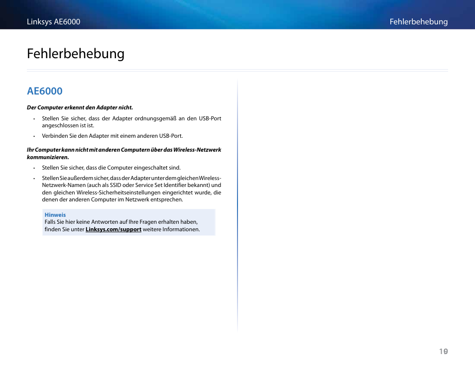 Fehlerbehebung, Ae6000 | Linksys AE6000 User Manual | Page 68 / 364