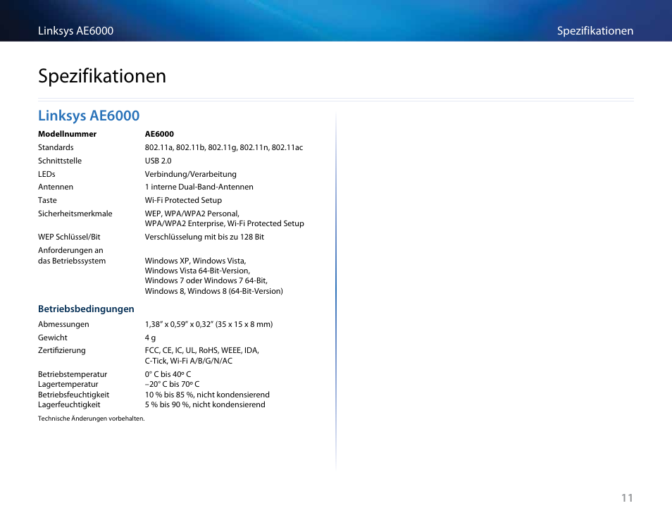 Spezifikationen, Linksys ae6000 | Linksys AE6000 User Manual | Page 69 / 364