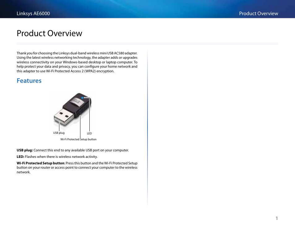 Product overview, Features, Product﻿overview | Linksys AE6000 User Manual | Page 87 / 364