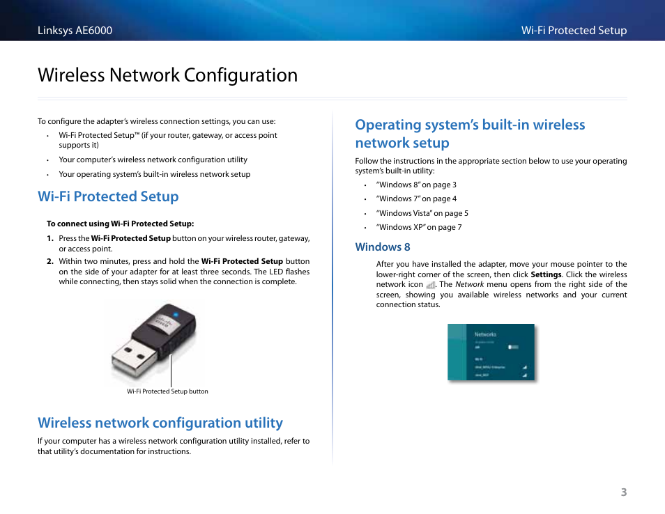 Wireless network configuration, Wi-fi protected setup, Wireless network configuration utility | Operating system’s built-in wireless network setup, Wi-fiprotectedsetup, Wirelessnetworkconfigurationutility, Operatingsystem’sbuilt-inwirelessnetworksetup, Wirelessnetworkconfiguration | Linksys AE6000 User Manual | Page 89 / 364