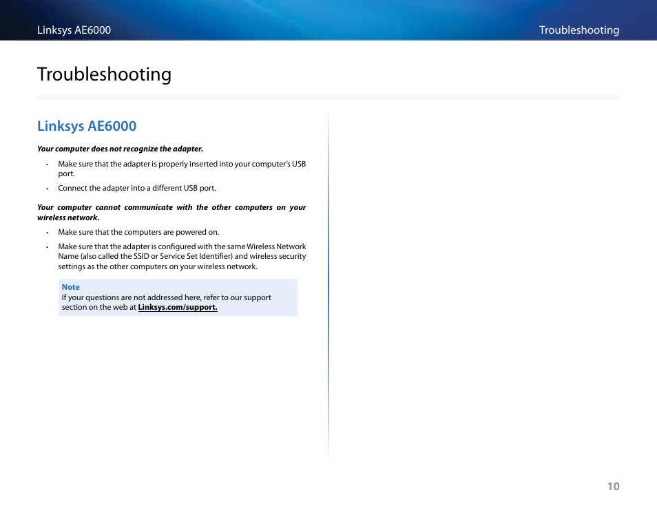Troubleshooting, Linksys ae6000, Linksys﻿ae6000 | Linksys AE6000 User Manual | Page 96 / 364