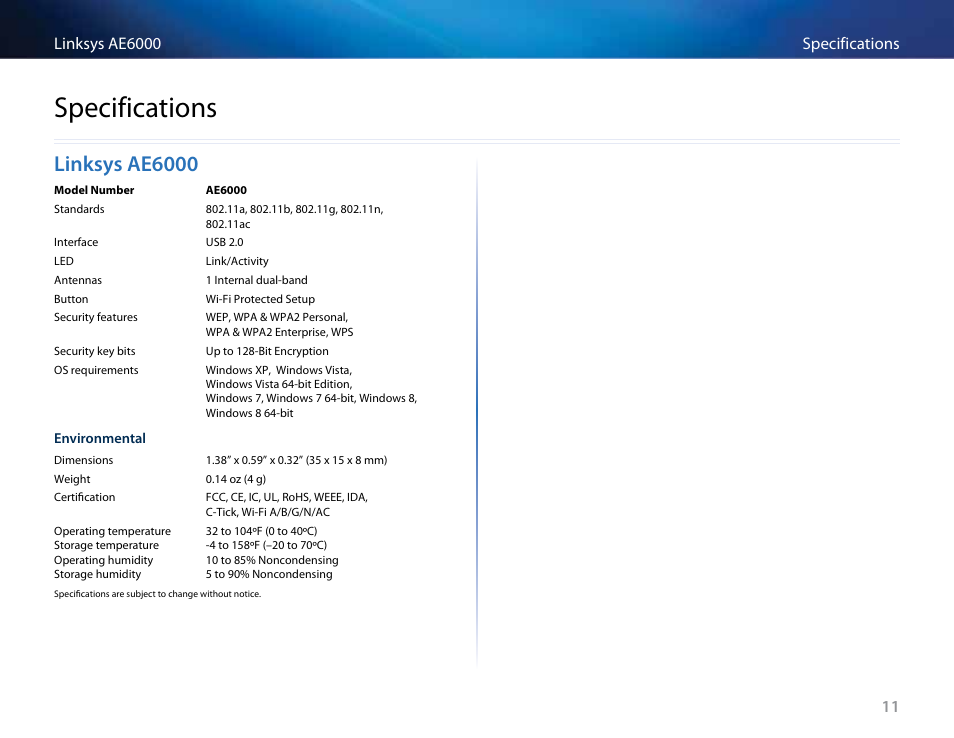 Specifications, Linksys ae6000, Linksys﻿ae6000 | Linksys AE6000 User Manual | Page 97 / 364