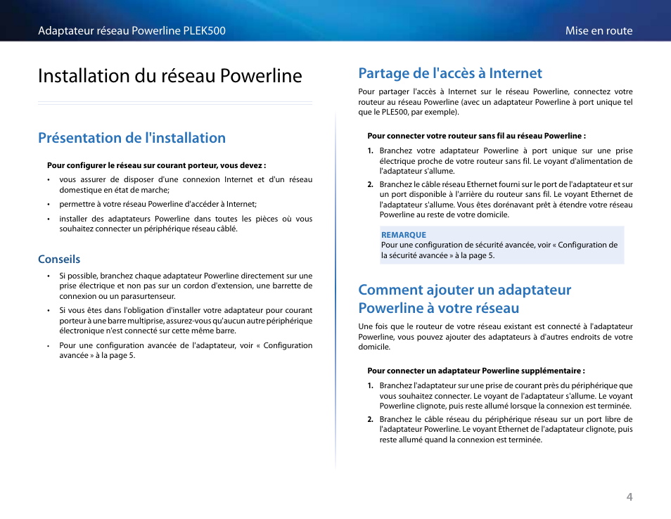 Installation du réseau powerline, Présentation de l'installation, Conseils | Partage de l'accès à internet, Installation du réseau powerline 4, Présentation de l'installation 4, Conseils 4 | Linksys PLEK500 User Manual | Page 105 / 270