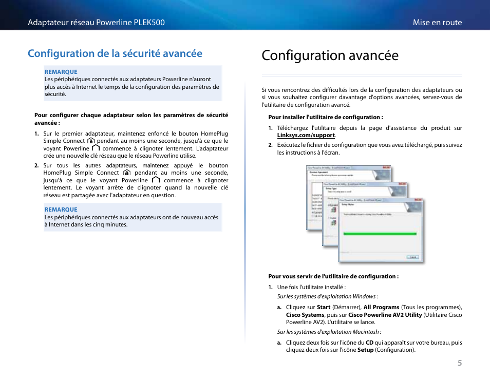 Configuration de la sécurité avancée, Configuration avancée, Configuration de la sécurité avancée 5 | Configuration avancée 5, Configuration, Oir « configuration de | Linksys PLEK500 User Manual | Page 106 / 270
