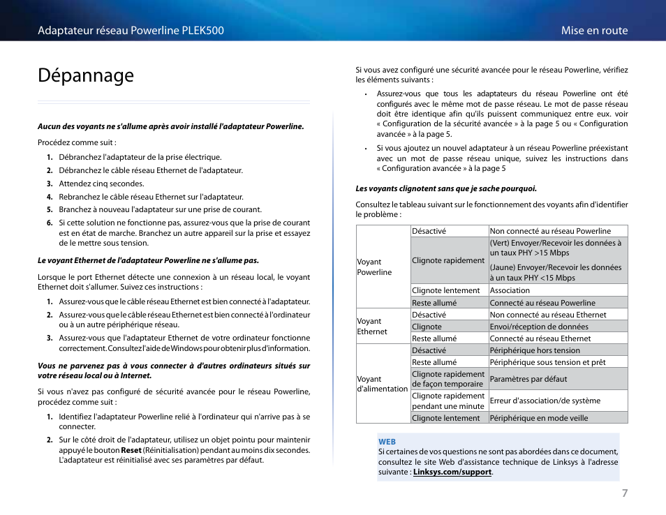 Dépannage, Dépannage 7, 7mise en route adaptateur réseau powerline plek500 | Linksys PLEK500 User Manual | Page 108 / 270