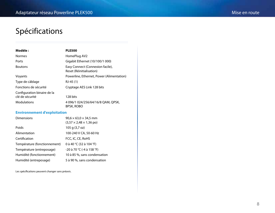 Spécifications, Spécifications 8, 8mise en route adaptateur réseau powerline plek500 | Linksys PLEK500 User Manual | Page 109 / 270