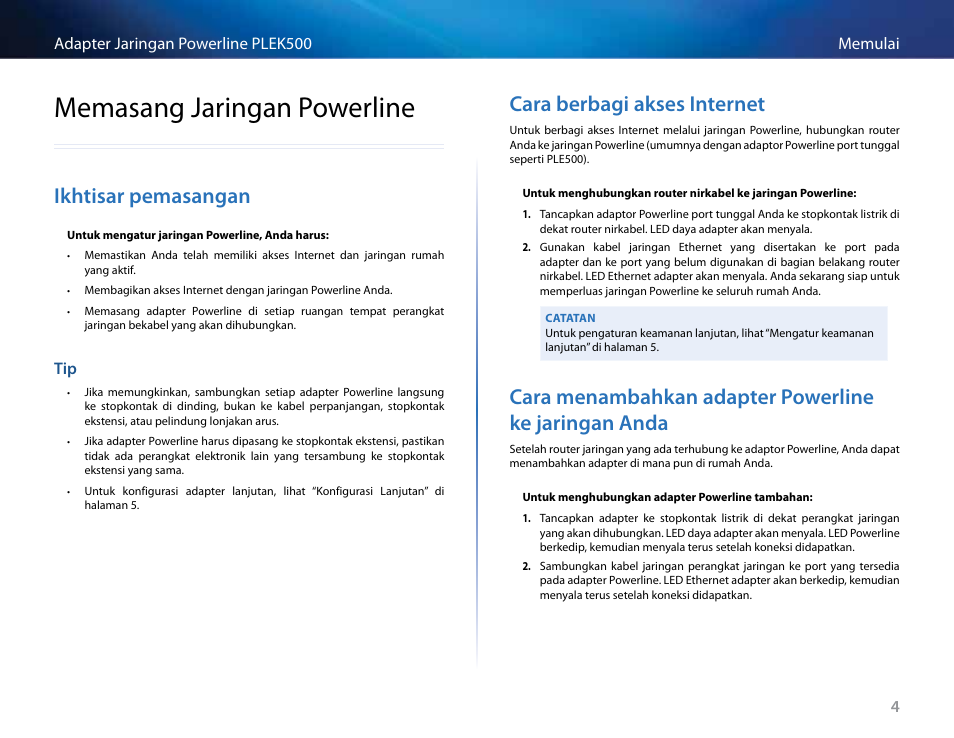 Memasang jaringan powerline, Ikhtisar pemasangan, Cara berbagi akses internet | Tip 4 | Linksys PLEK500 User Manual | Page 125 / 270