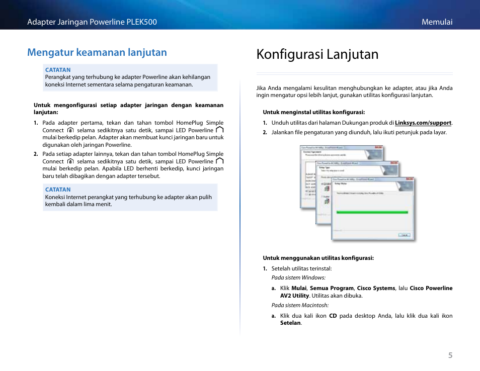 Mengatur keamanan lanjutan, Konfigurasi lanjutan, Konfigurasi lanjutan” di | Halaman 5, T “mengatur keamanan, Lanjutan” di halaman 5 | Linksys PLEK500 User Manual | Page 126 / 270