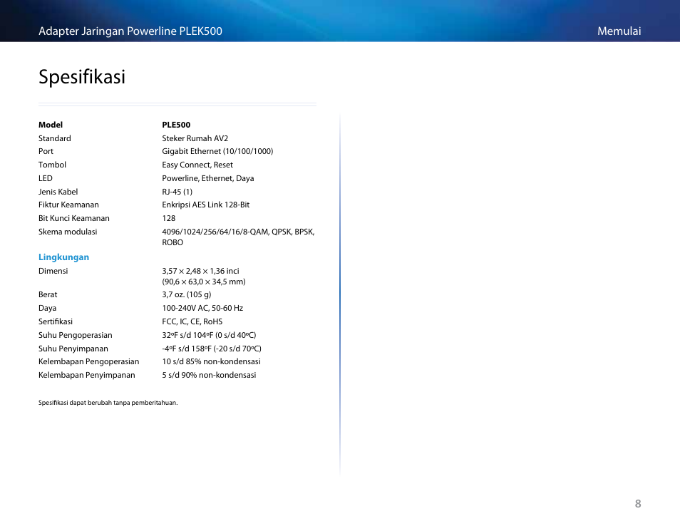 Spesifikasi | Linksys PLEK500 User Manual | Page 129 / 270
