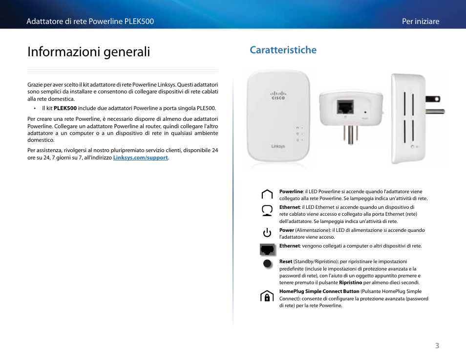 Informazioni generali, Caratteristiche, Informazioni generali 3 | Caratteristiche 3 | Linksys PLEK500 User Manual | Page 133 / 270